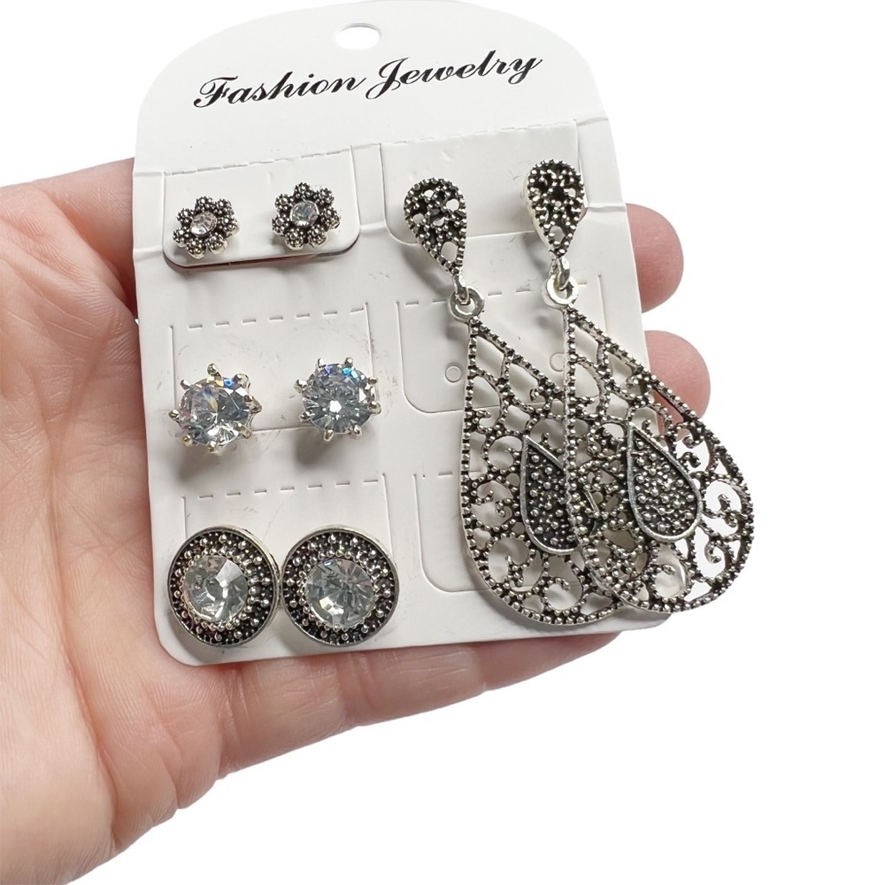 New Silver Tone 4 Pair Pierced Earring Set Rhinestone Stud & Dangle